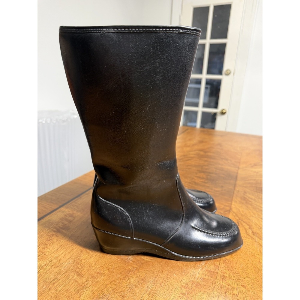 VTG 70s Black 9 Rubber Molded Insulated Tall Waterproof Rain Snow Boots Wedge - Picture 3 of 9